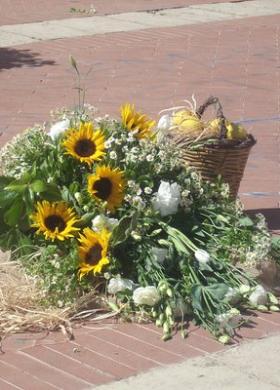 Composizione di girasoli all'uscita della chiesa