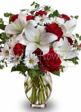 Bouquet lilium e rose rosse